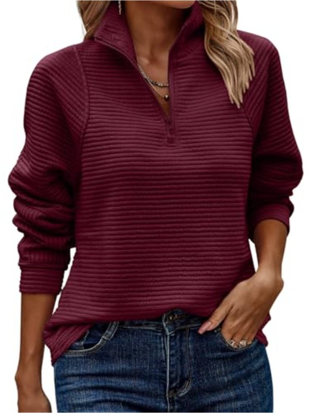 Women Quarter Zip Sweatshirt Waffle Knit Ribbed Quilted Tunic Pullover Loose